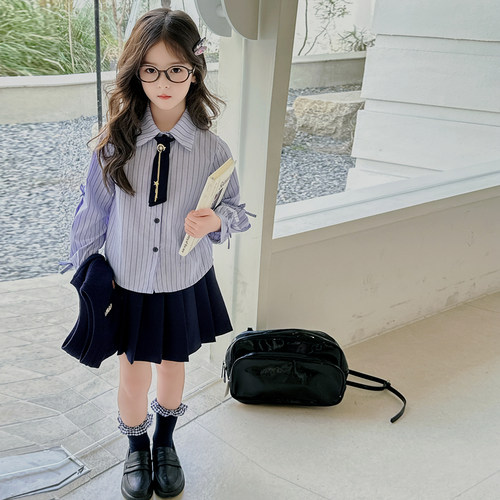 女童园服校服学院风演出服春秋儿童jk衬衫亮丝马甲衬衫裙子三件套