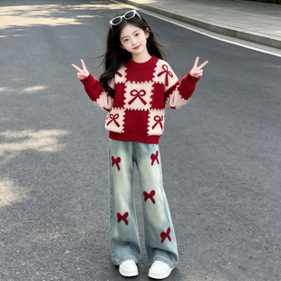 女童毛衣加绒裤子套装秋冬新款儿童韩版加厚针织衫牛仔裤两件套潮
