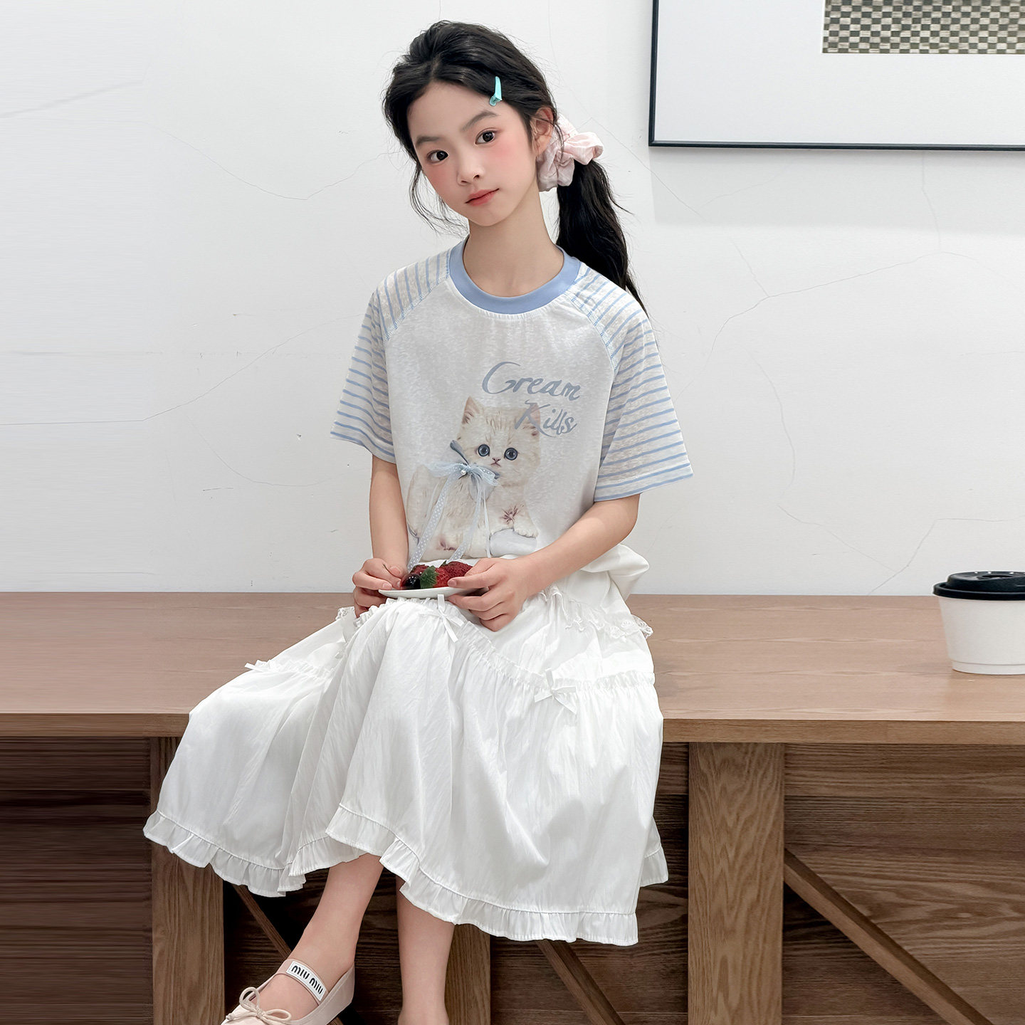 女孩短袖长裙套装夏季新款儿童蛋糕蕾丝裙子两件套女大童夏装潮t