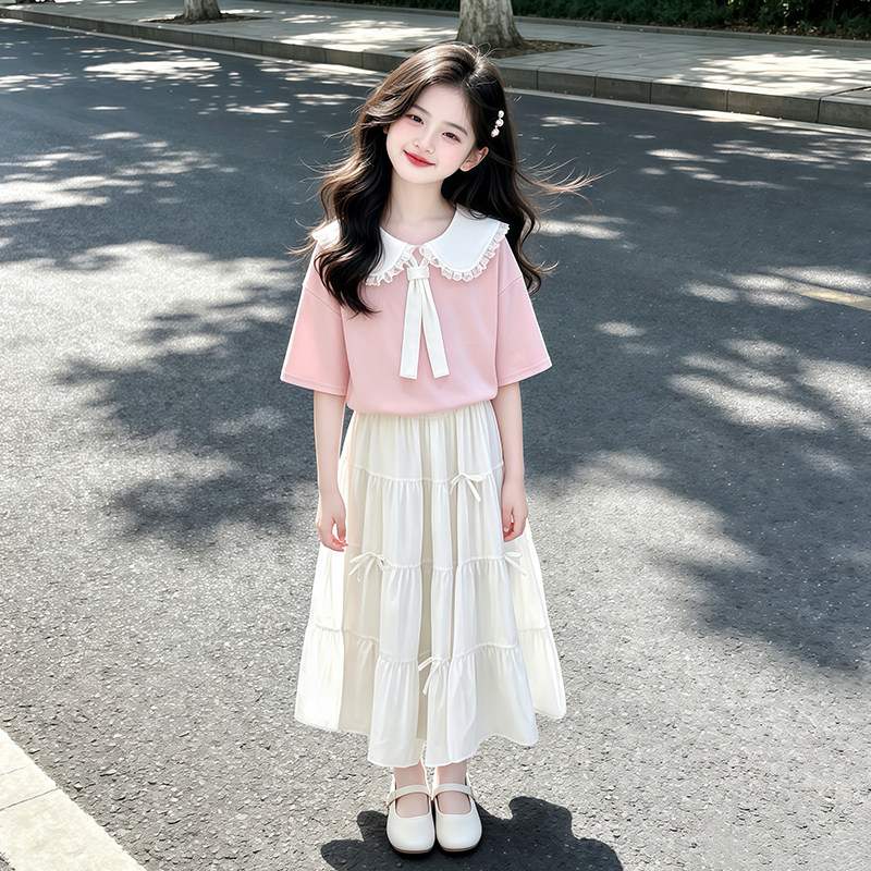 女童短袖套装夏季新款女孩T恤裙子两件套中大童学院风娃娃领套装