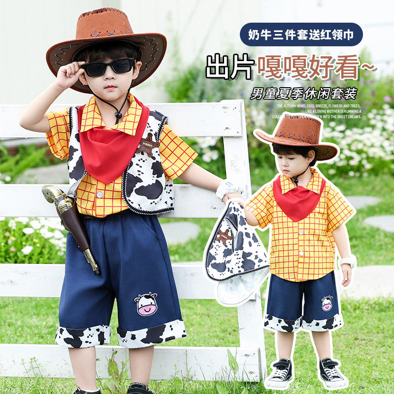 玩具总动员表演服短袖三件套胡迪儿童cos服套装六一夏季男女新款