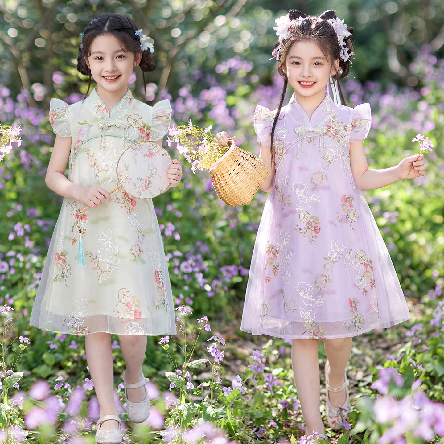 女童新中式旗袍裙夏季女孩国风唐装汉服大童连衣裙六一儿童表演服