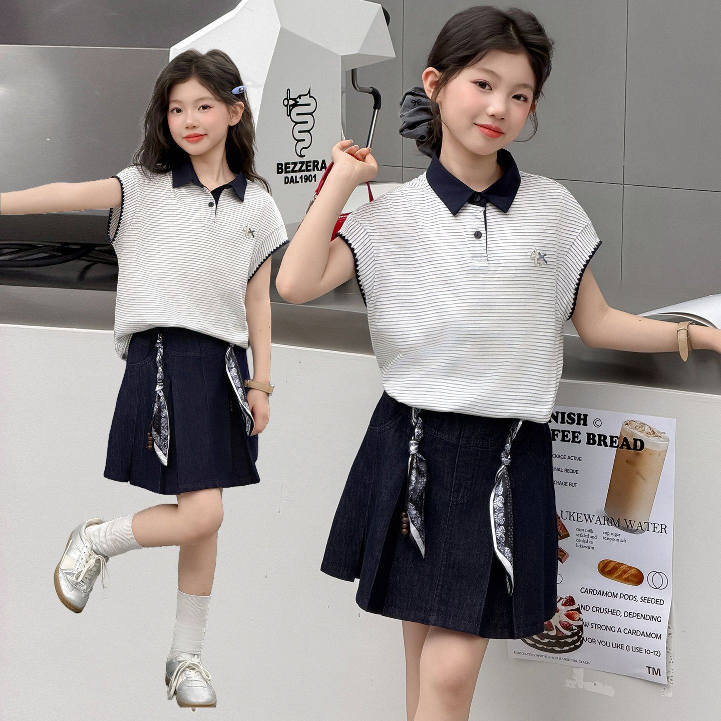 女童T恤夏季新款韩版女孩短袖裙子两件套中大童套装裙童装百褶裙