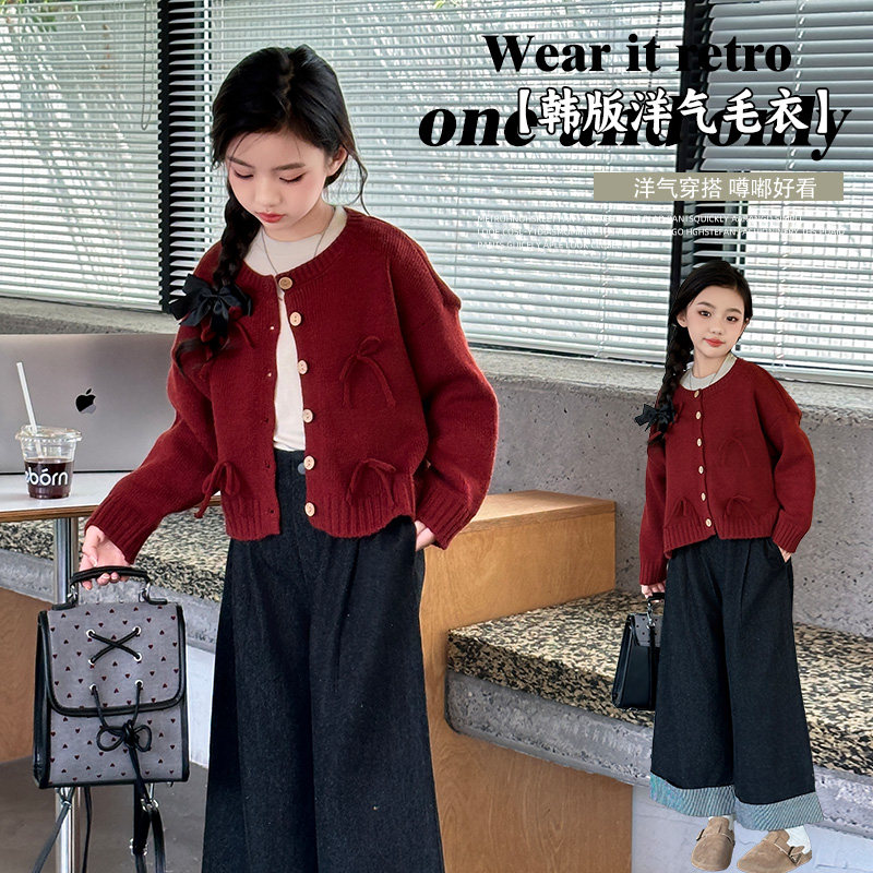 女童毛衣外套春秋新款儿童牛仔裤套装洋气女孩韩版针织开衫裤子潮