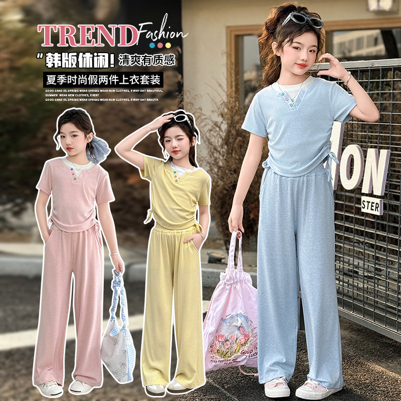 女童运动套装夏季新款儿童假两件打底衫女孩休闲两件套童装衣服潮