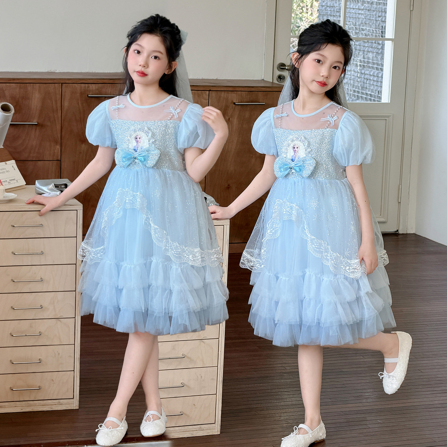 女童爱莎公主裙夏季女孩网纱连衣裙中小童宝宝生日宴会礼服裙子潮
