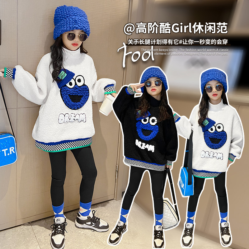 女童加绒卫衣裙冬季新款儿童加厚上衣中大童女孩卡通印花打底衫潮