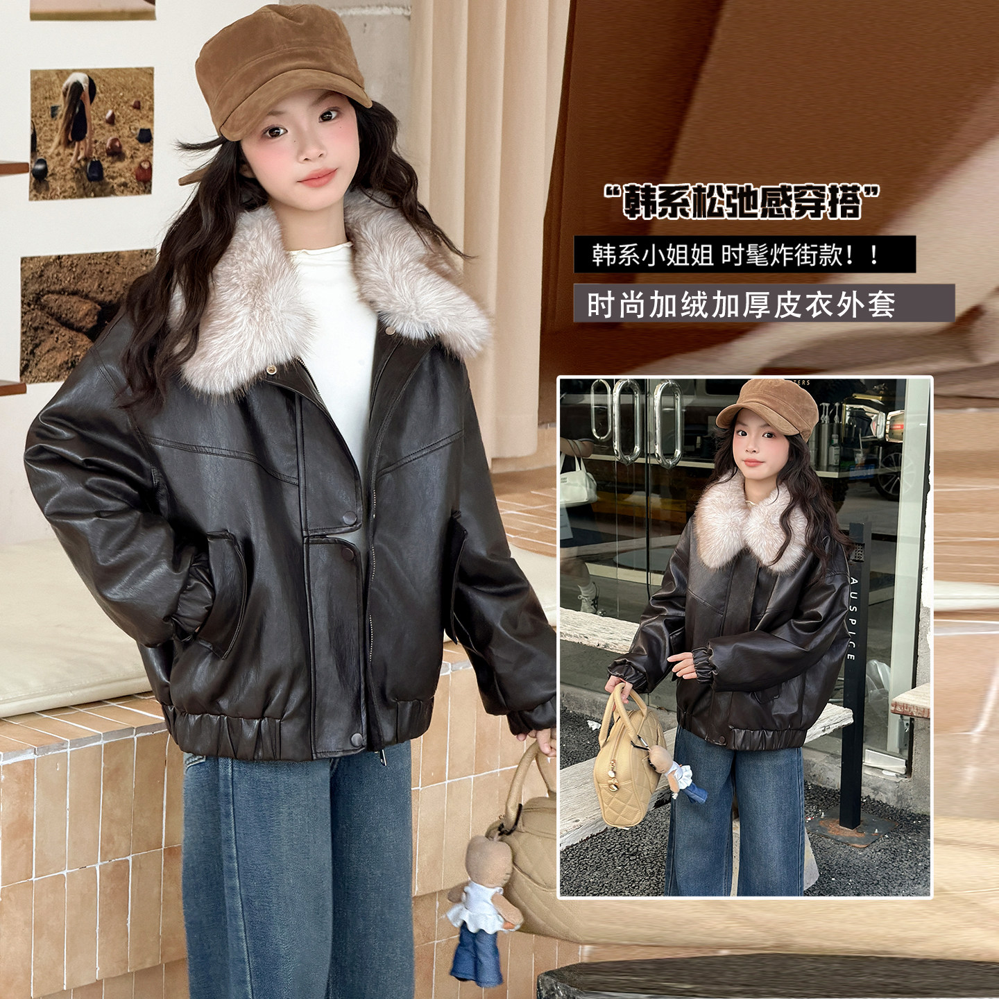 女童加绒皮衣冬季新款儿童pu皮夹克中大童毛领加厚外套女孩棉衣潮