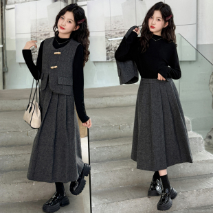 女童毛呢套装裙秋季新款儿童马甲打底裙子三件套韩版小香风童装