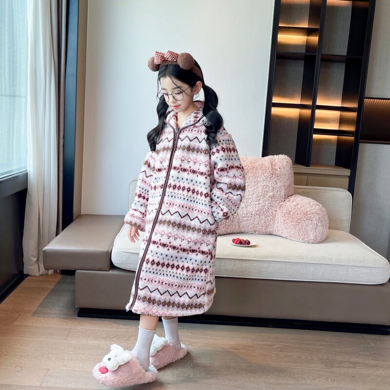 女童加绒保暖睡裙秋季新款儿童加厚家居服睡袍女孩长款睡衣童装潮