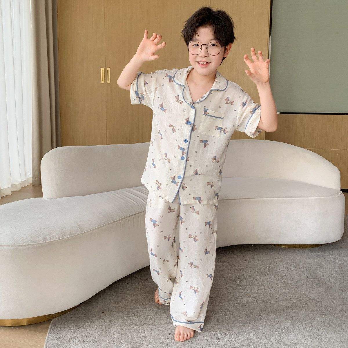 男童睡衣套装夏新款中大儿童薄款短袖家居服凉感莫代尔男孩三件套