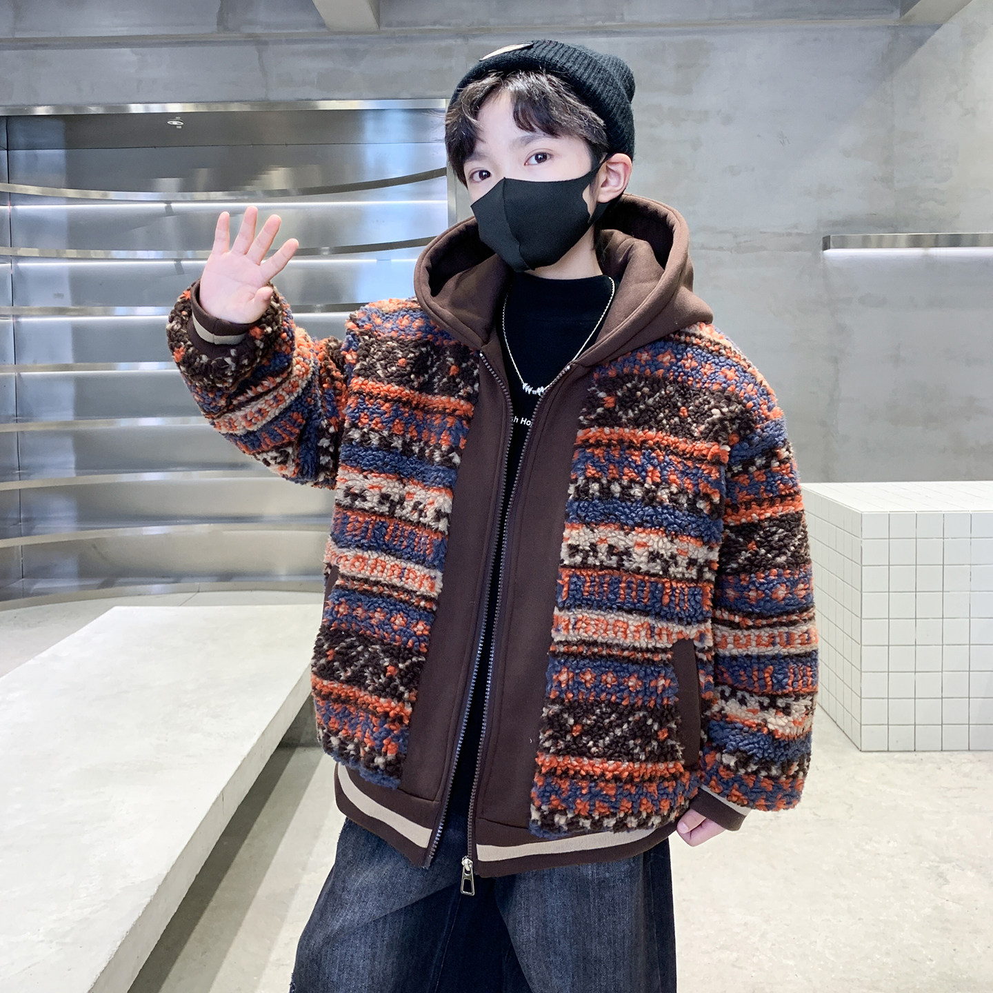 男童毛毛衣冬季新款儿童加绒加厚棉衣外套中大童男孩连帽棉服棉袄