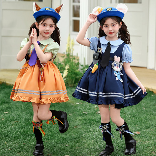 女童疯狂动物城朱迪连衣裙演出服夏季女童兔子警官cos服装尼克裙