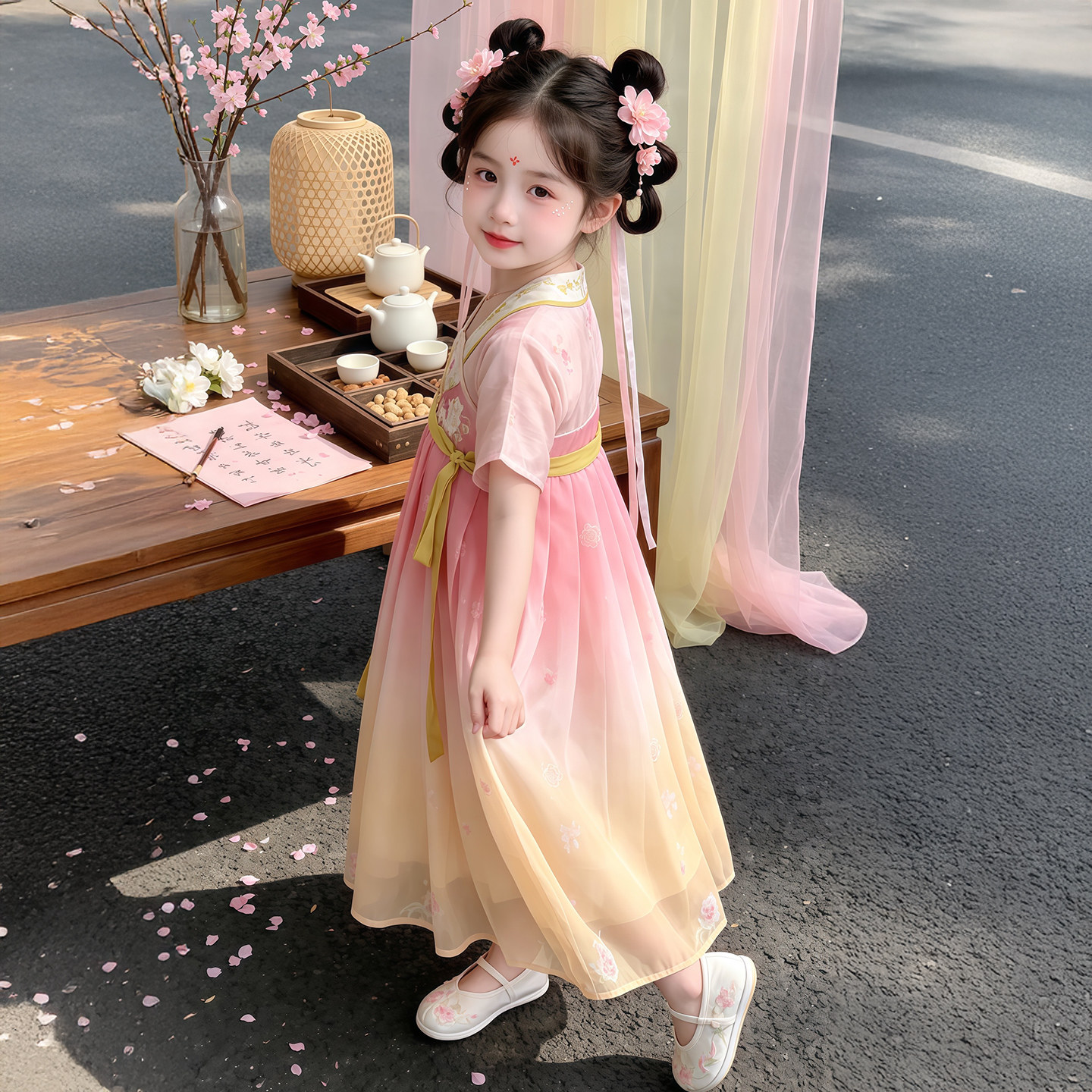 女童汉服连衣裙2026夏款女孩古装甜美公主裙女小童国风裙子演出服