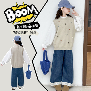 女童假两件毛衣套装秋季新款儿童马甲裤子两件套女孩韩版休闲童装