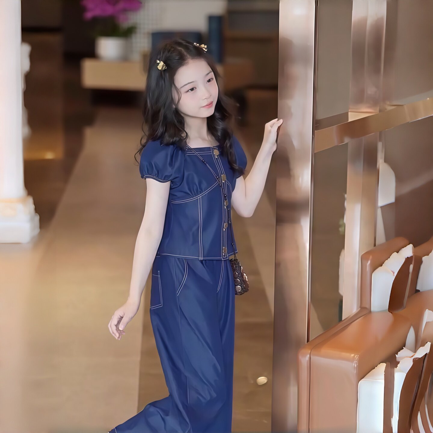 女童牛仔裤套装夏季新款儿童2026短袖上衣女孩阔腿裤休闲童装