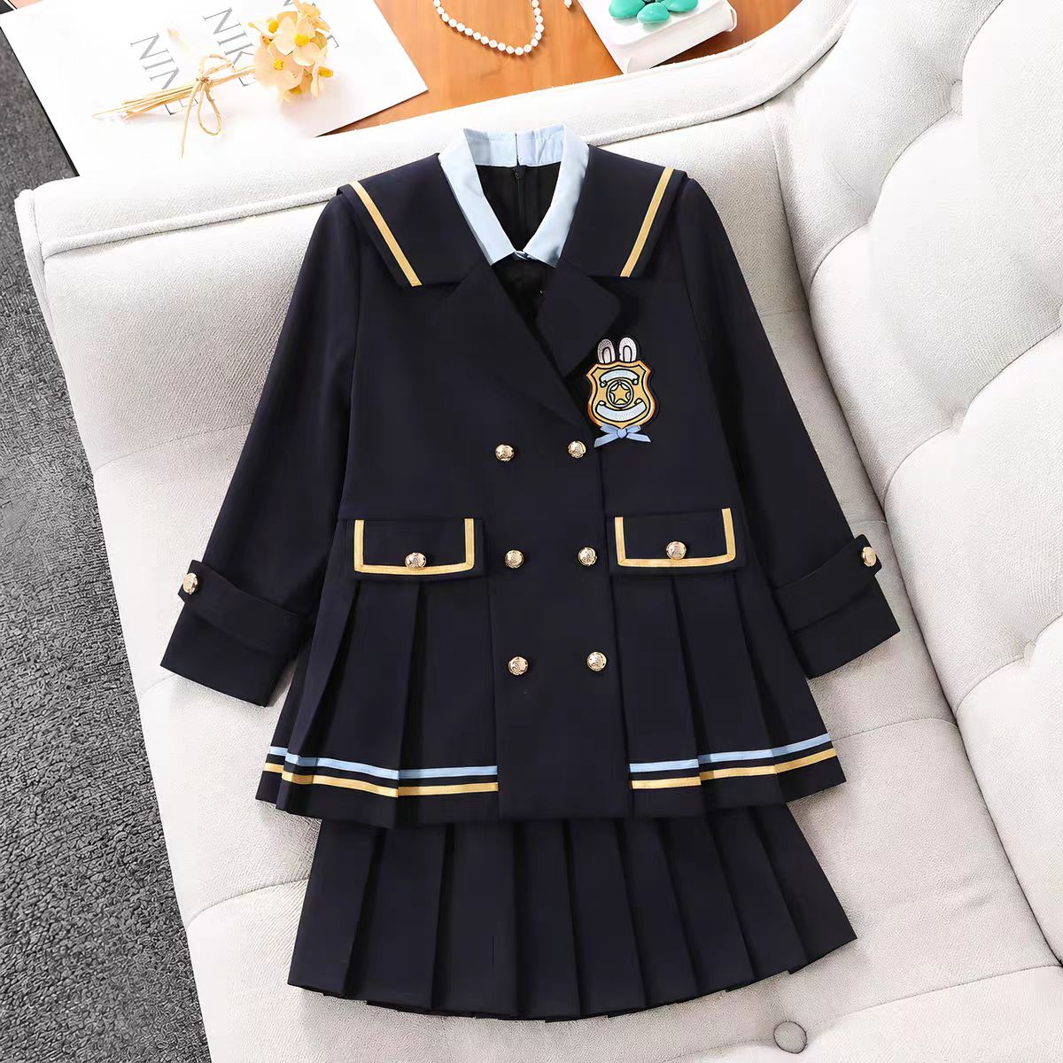 女童学院风套装春秋新款女孩西装外套假两件连衣裙班服团体演出服