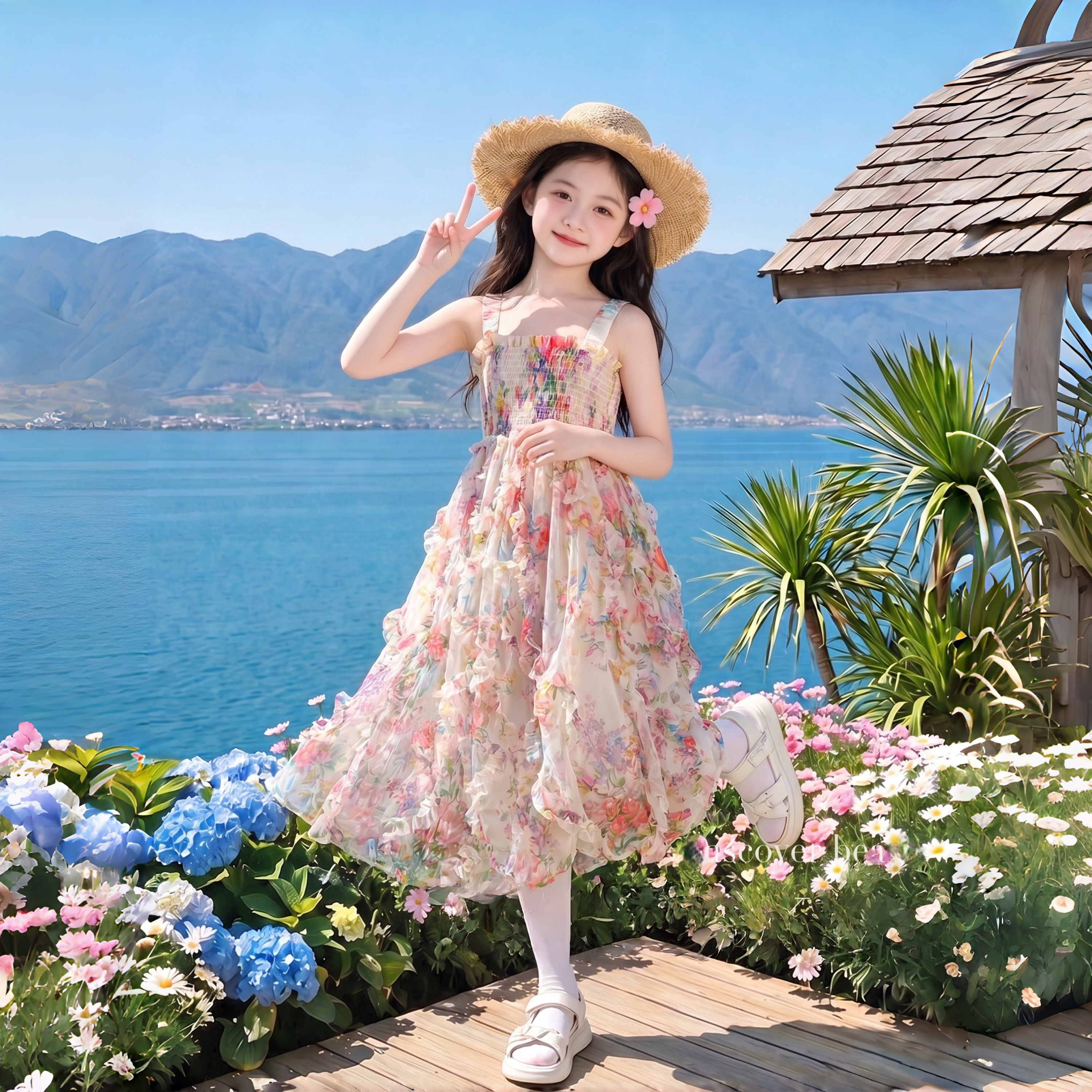 女童吊带连衣裙夏季背心公主裙碎花长裙大童度假风裙子女孩沙滩裙