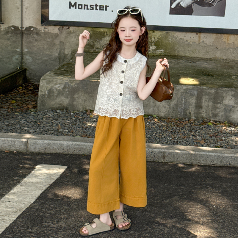 女童蕾丝背心套装夏季2025新款儿童薄款上衣阔腿裤两件套童装衣服