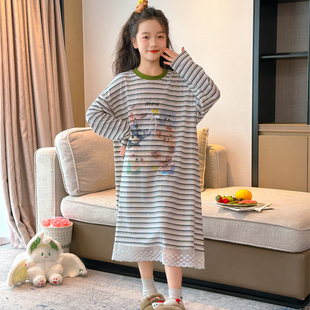 女童长袖睡裙秋季新款儿童条纹家居服裙子洋气女孩纯棉公主裙睡衣