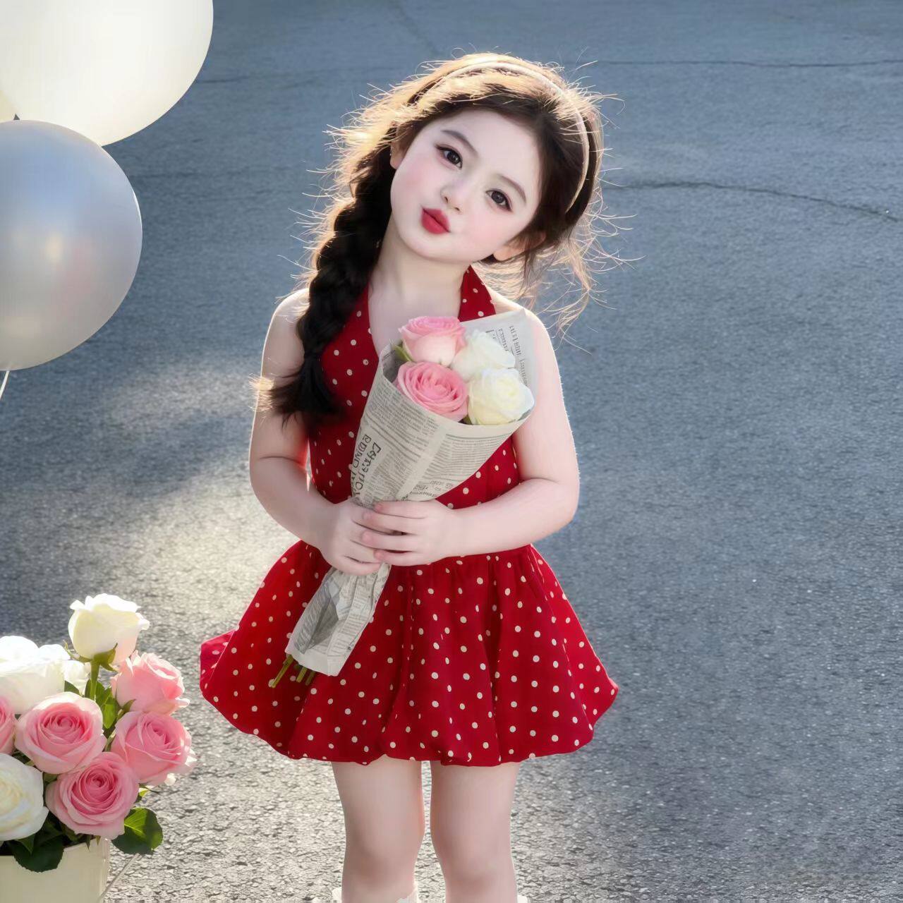 女童短袖连衣裙夏装红色波点公主裙小童裙子女孩可爱挂脖裙演出裙