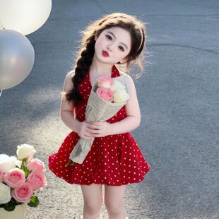 女童短袖连衣裙夏装红色波点公主裙小童裙子女孩可爱挂脖裙演出裙