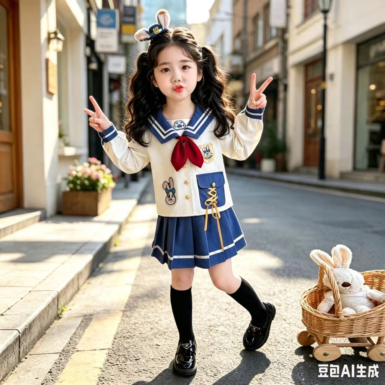 女孩朱迪套装裙春秋新款儿童尼克服学院风海军领上衣裙子两件套潮