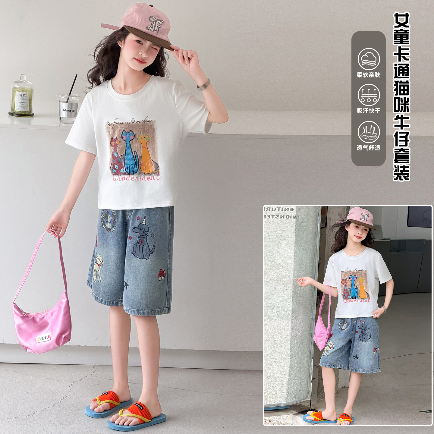 女童T恤夏季新款韩版女孩短袖短裤两件套中大童牛仔热裤套装童装