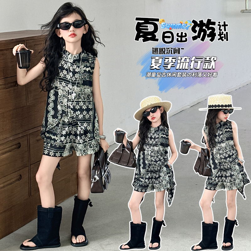 女童碎花套装夏季韩版女孩短袖短裤两件套中大童背心休闲童装夏装