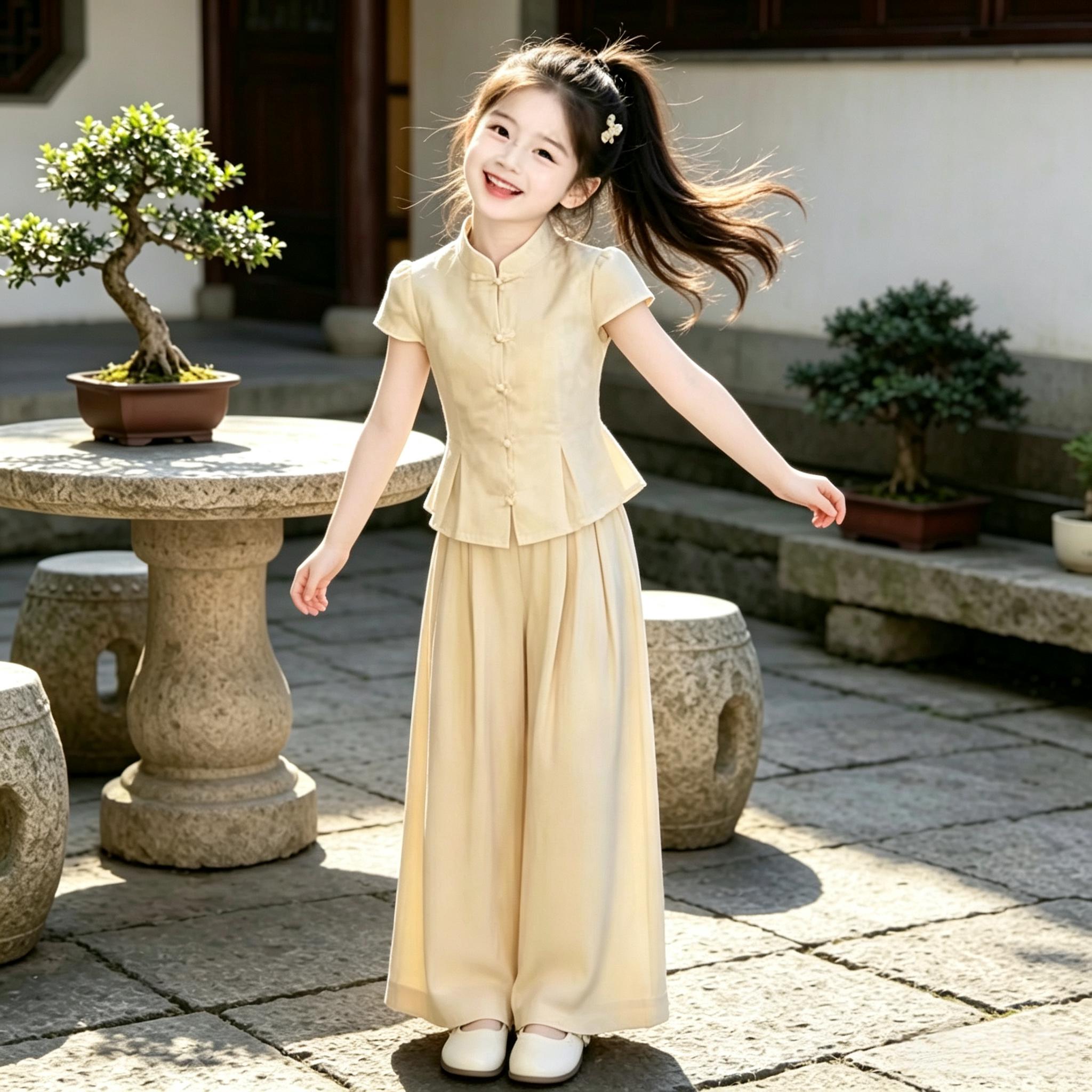 女童国风套装夏季新款女孩盘扣新中式两件夏装中大童唐装汉服童装