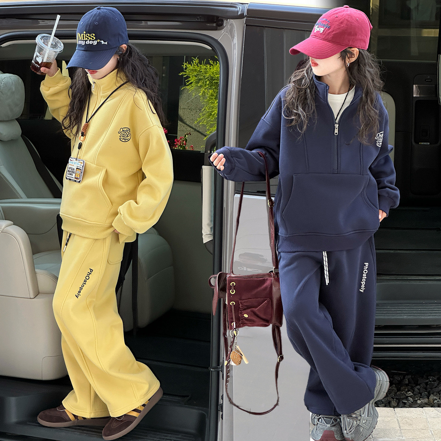 女童半拉链卫衣运动服套装冬季韩版新款女孩一体绒休闲两件套童装