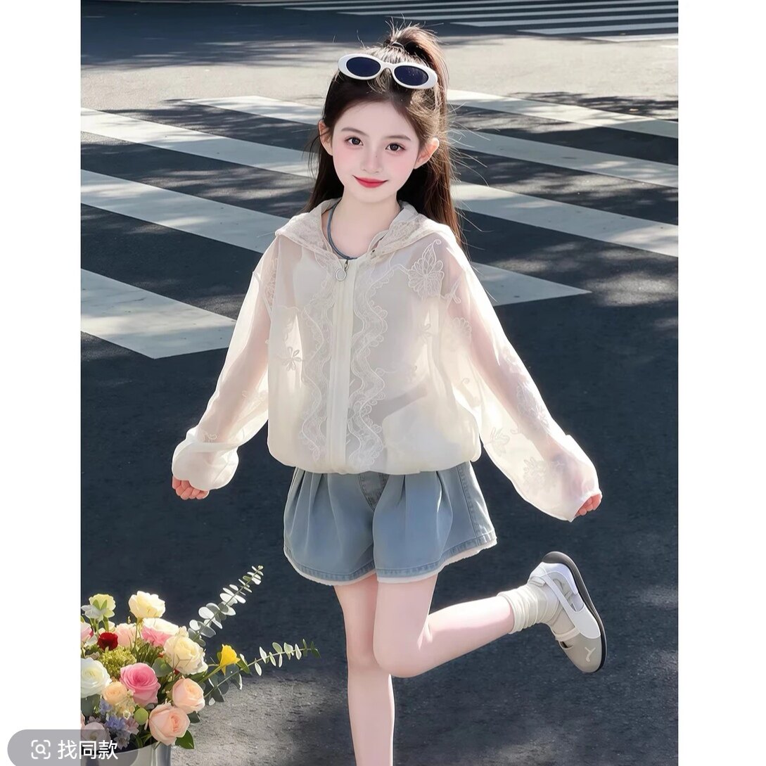 女童防晒衣夏季2026新款韩版女孩提花蕾丝外套大童薄款连帽皮肤衣