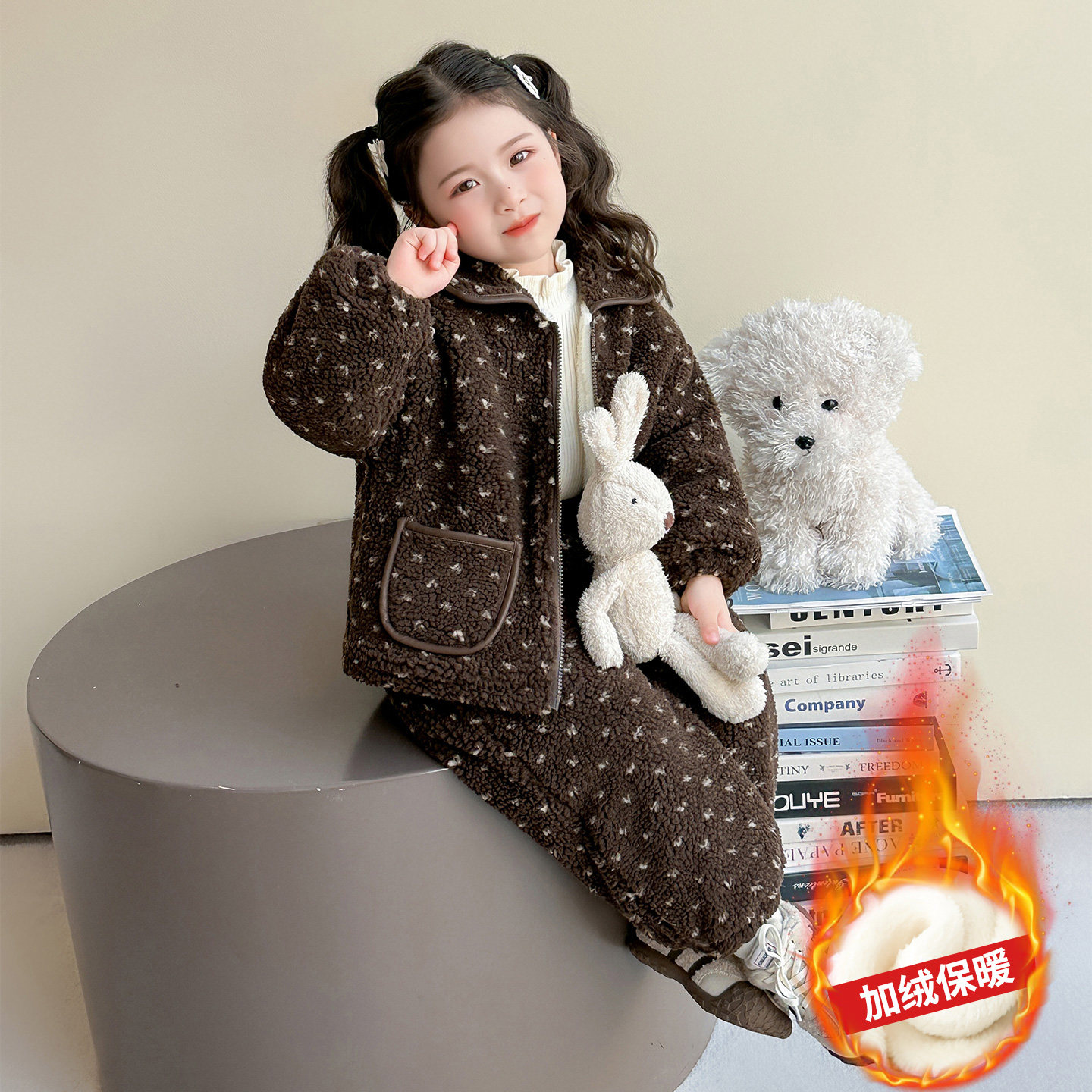 女童三层加厚套装冬季新款女孩加绒加棉韩版休闲两件套宝宝棉衣