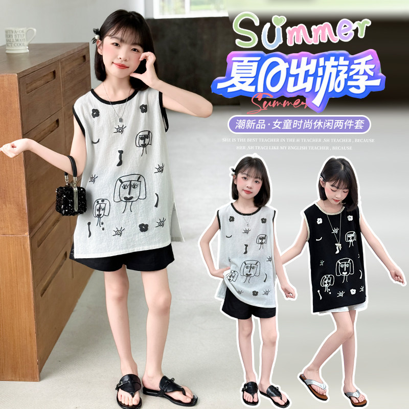 女童棉麻套装夏季韩版女孩短裤两件套大童上衣休闲童装衣服