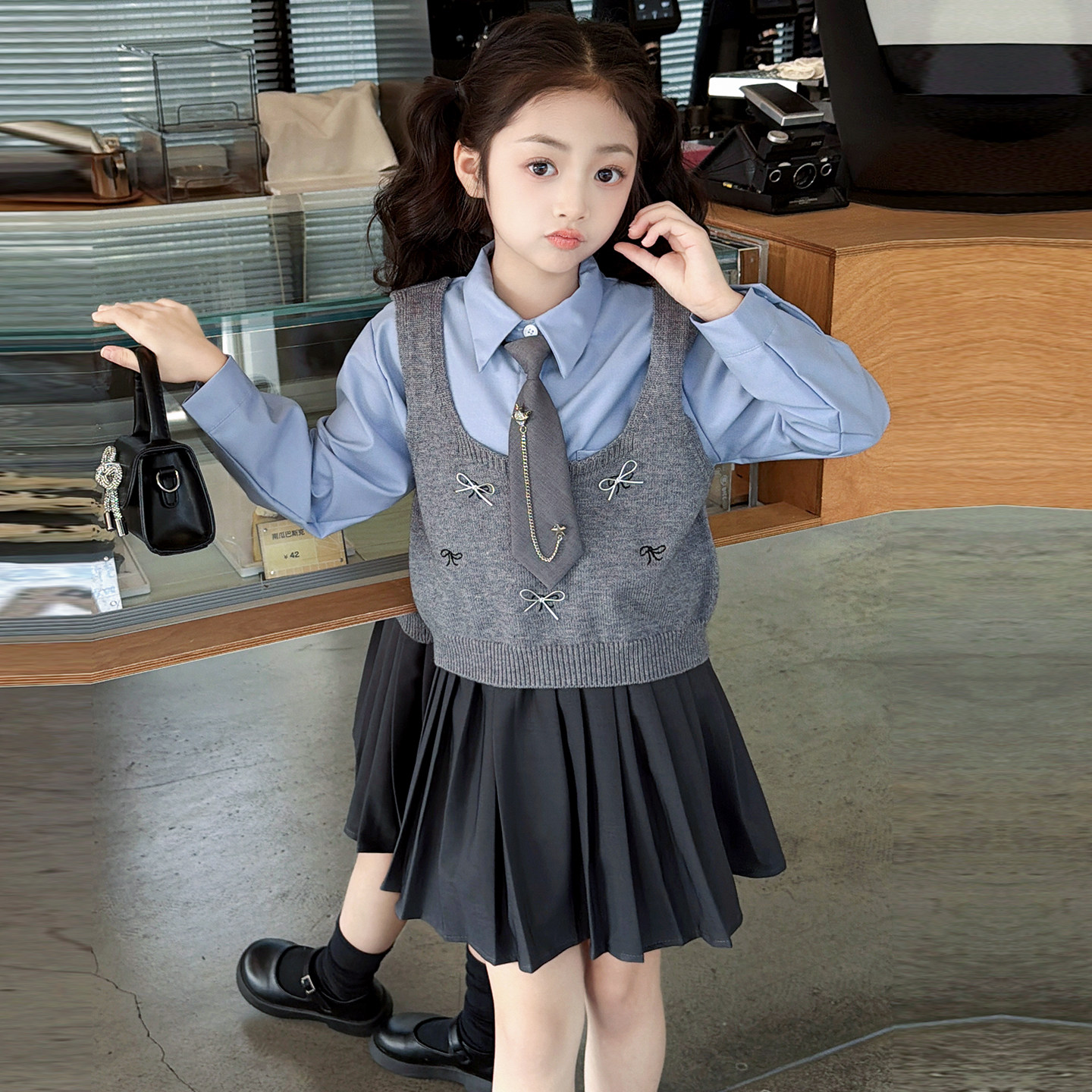 女童园服校服学院风演出服春秋儿童jk衬衫吊带马甲衬衫裙子三件套