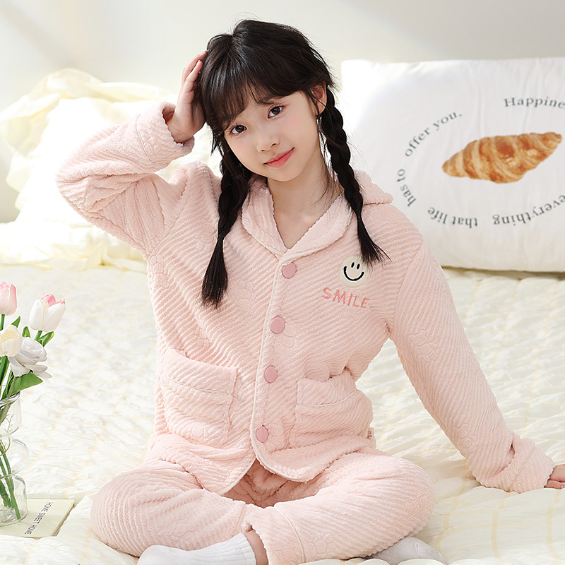 女童睡衣秋冬新款儿童牛奶绒家居服套装女大童女法兰绒保暖两件套
