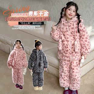 潮三层加厚套装冬季新款女孩加绒加棉碎花休闲中大童装两件套棉衣