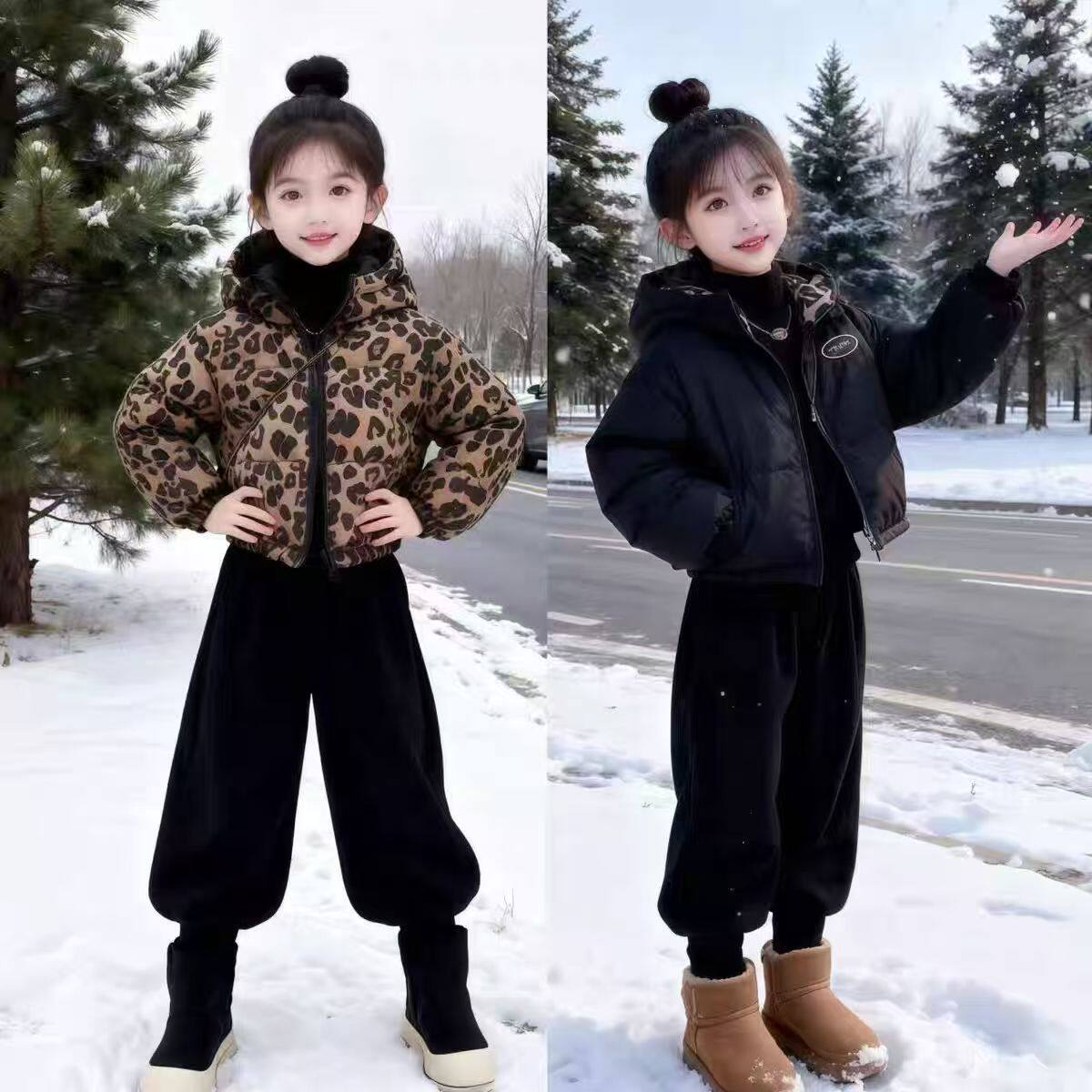 女童加棉外套冬季保暖棉服儿童双面豹纹款中大童棉服休闲棉衣童装