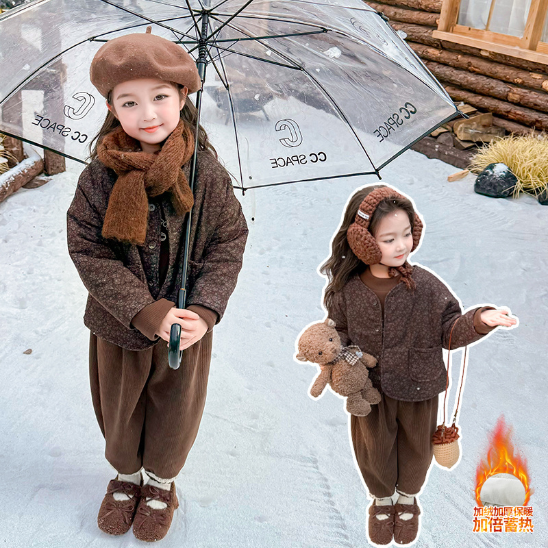 女童棉服套装冬季新款小女孩韩版保暖三件套加厚中小童装休闲衣服