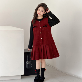 女童小香风套装裙秋冬2025新款女孩名媛风红色新年服过年服裙子潮