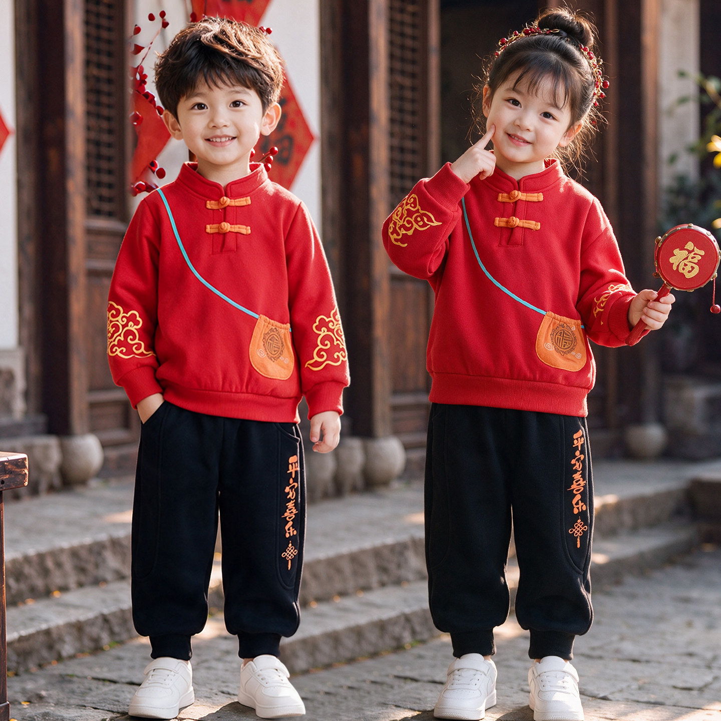 幼儿园元旦表演服秋冬装儿童加绒卫衣套装民族风国学服新年拜年服