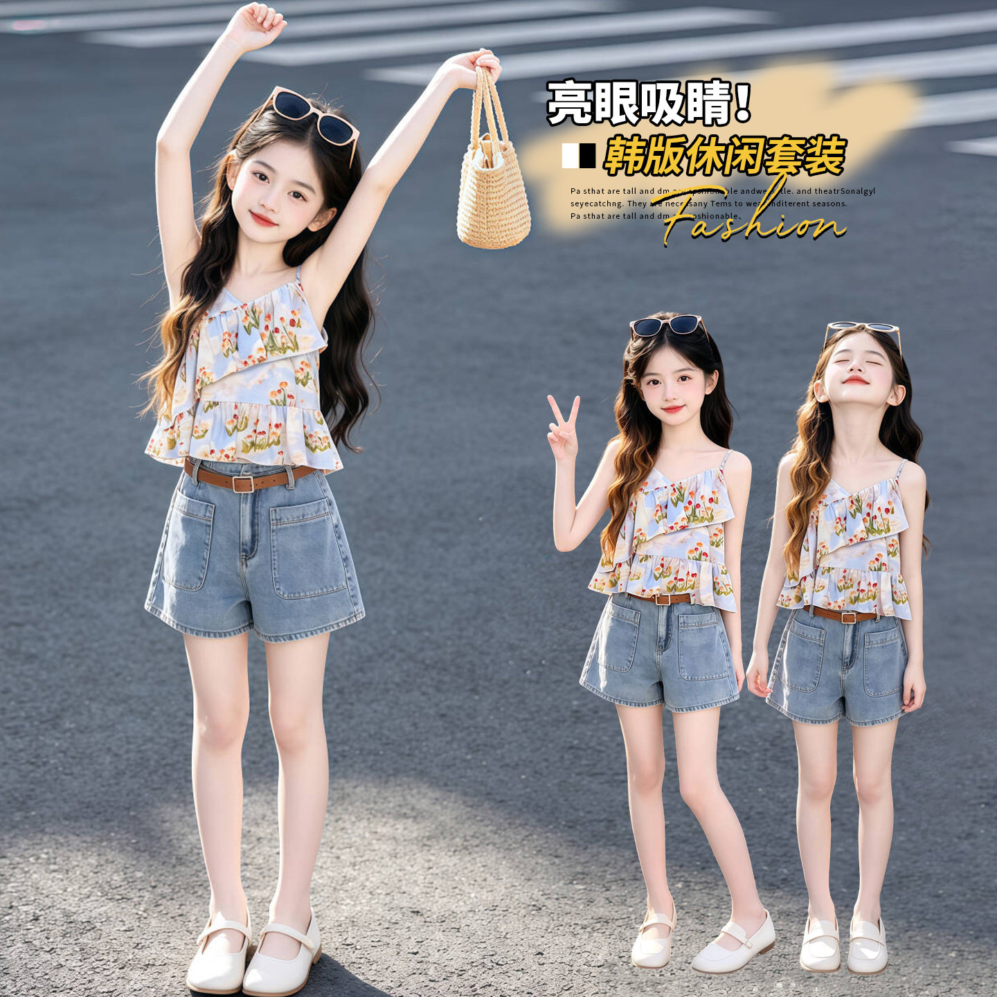 女童吊带套装夏季新款韩版女孩薄款牛仔短裤中大儿童洋气两件套潮