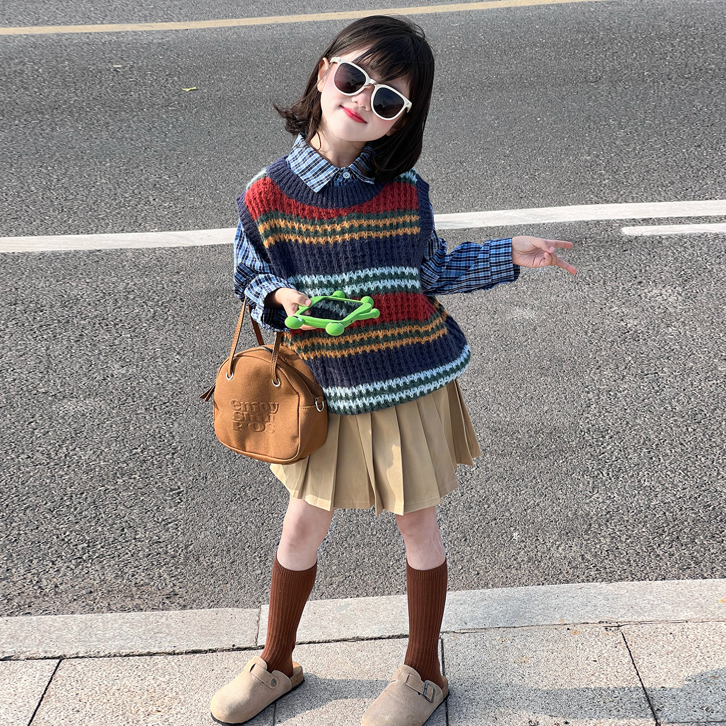女童园服校服学院风演出服春秋儿童jk衬衫彩虹马甲衬衫裙子三件套