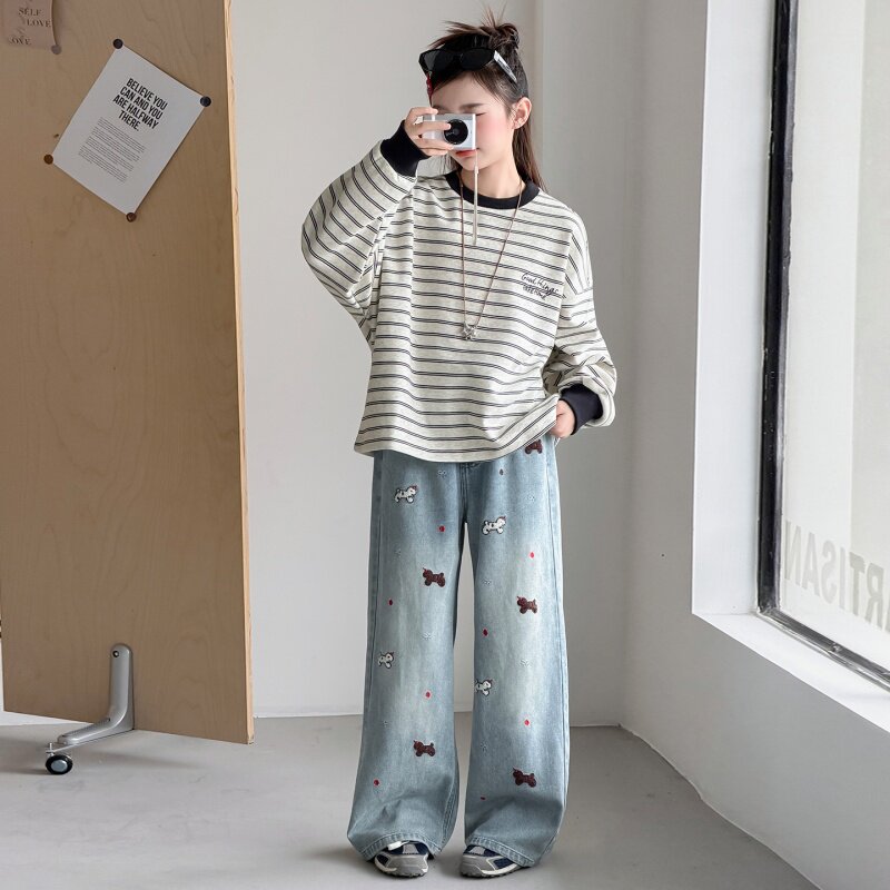女童卫衣牛仔裤套装春季新款儿童2026潮上衣两件套女孩阔腿裤童装
