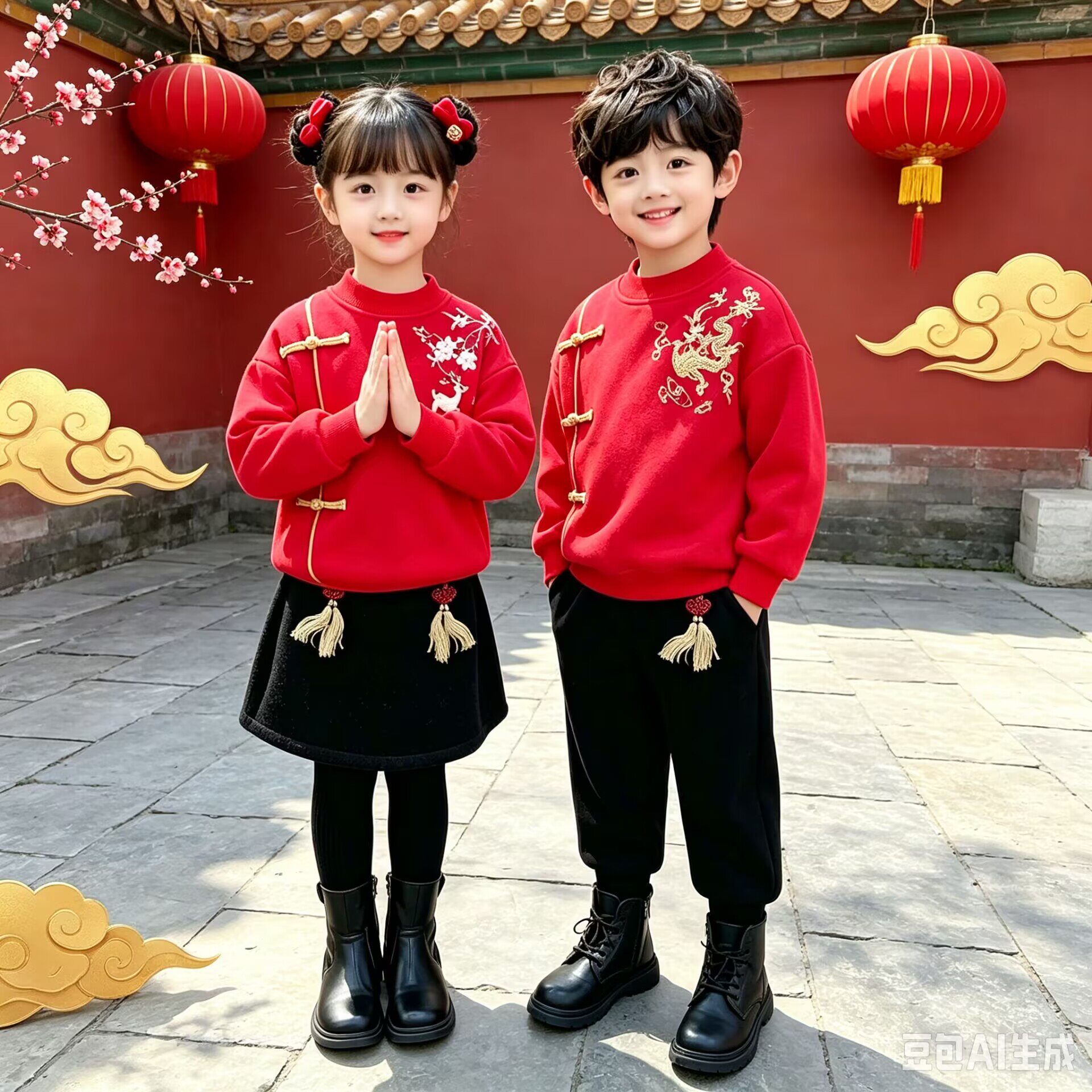 幼儿园元旦表演服秋冬装儿童加绒卫衣套装民族风国学服新年拜年服