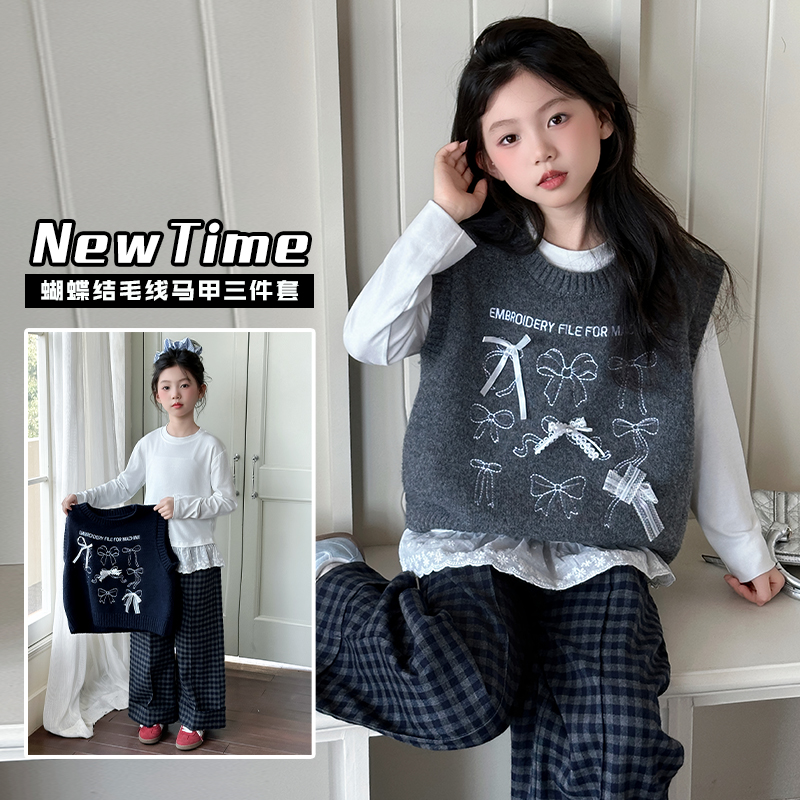 女童套装秋季新款中大童马甲打底衫牛仔裤三件套女孩韩版休闲童装