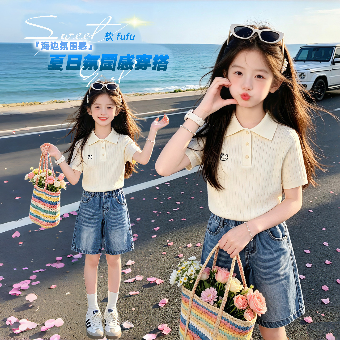 女童短袖套装夏季新款女孩T恤裤子两件套中大童学院风POLO领套装