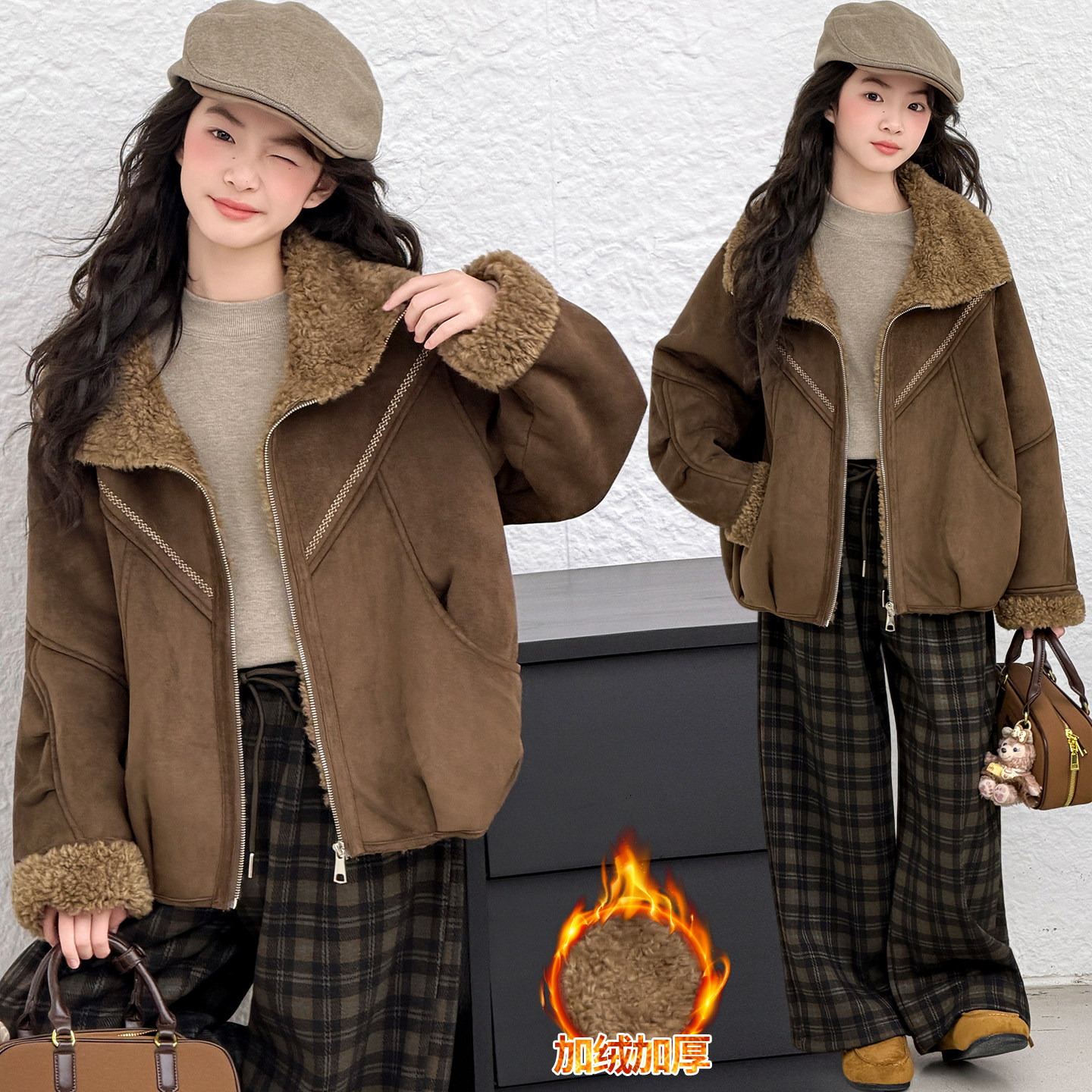女童加绒外套冬季新款儿童加厚派克服上衣女孩棉袄皮毛一体夹克潮