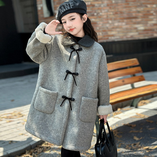 女童呢子大衣冬季新款中大童加绒女孩中长款加厚外套衣服保暖年服