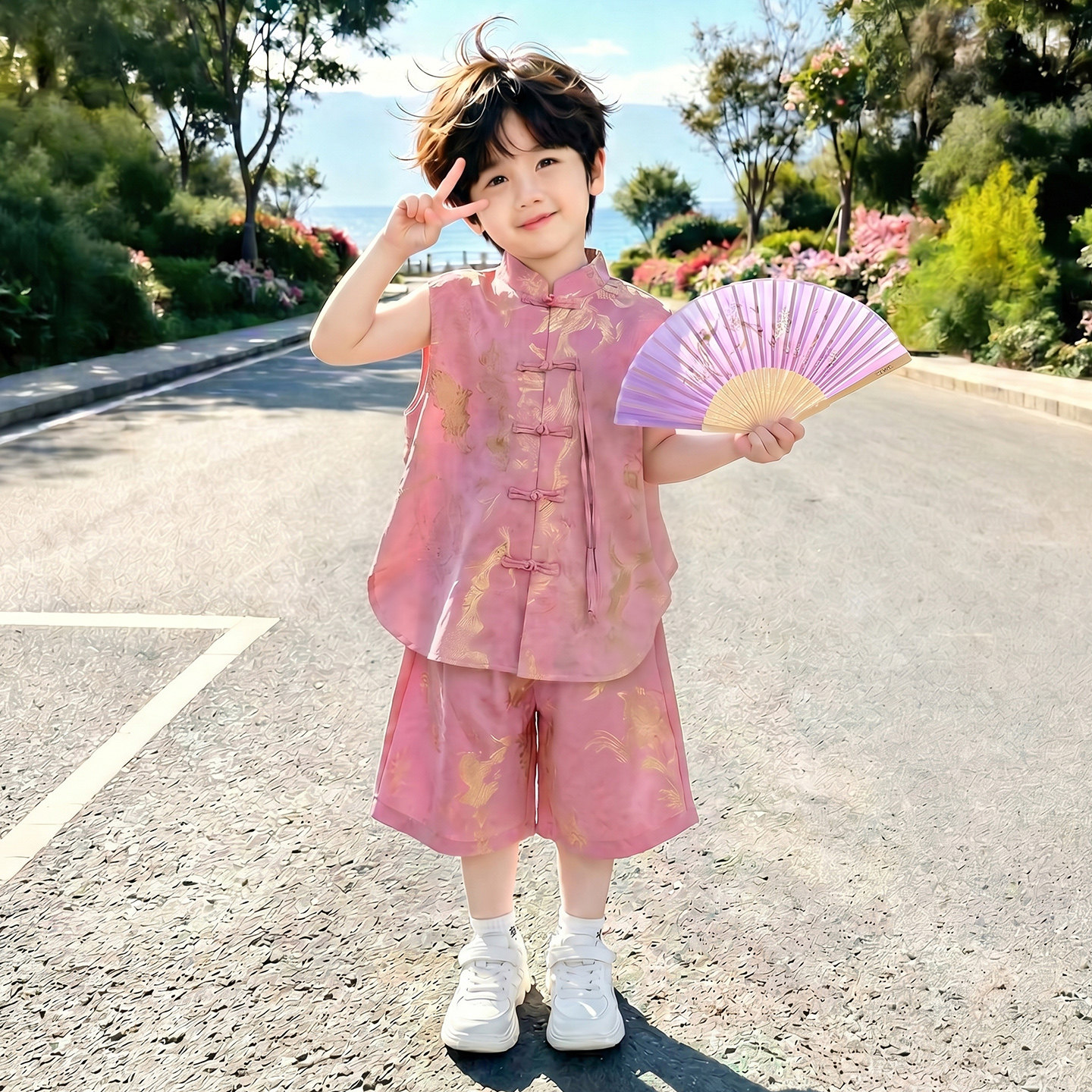 男童国风演出套装夏季新中式表演服两件套唐装汉服端午节纳福衣服